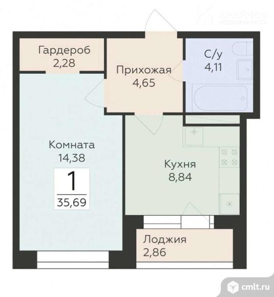 1-комнатная квартира 36 кв.м. Фото 1.