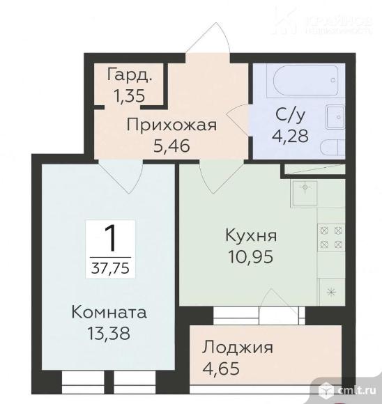 1-комнатная квартира 38 кв.м. Фото 1.