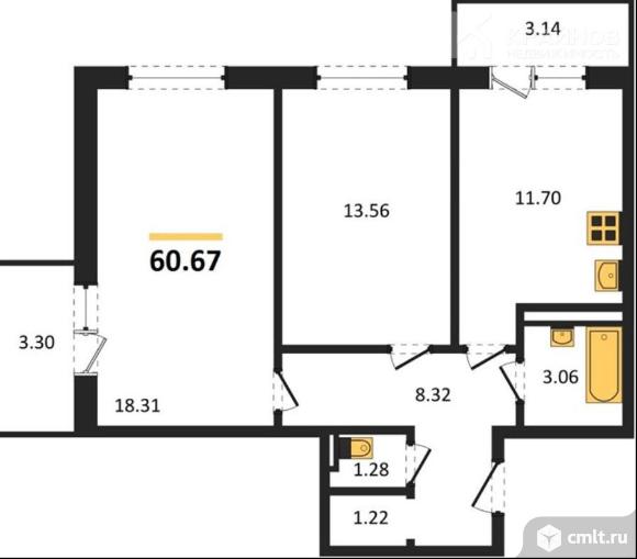 2-комнатная квартира 60,39 кв.м. Фото 1.