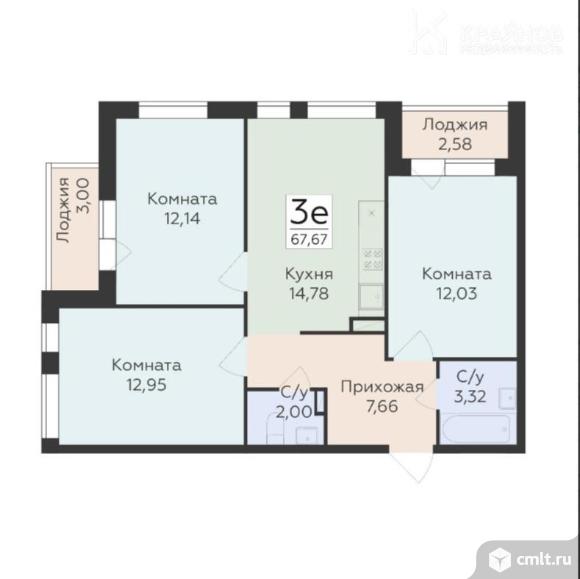 3-комнатная квартира 67,67 кв.м. Фото 1.