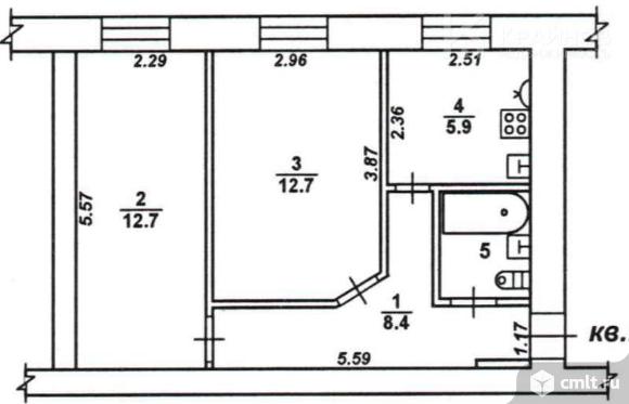 2-комнатная квартира 42,7 кв.м. Фото 1.