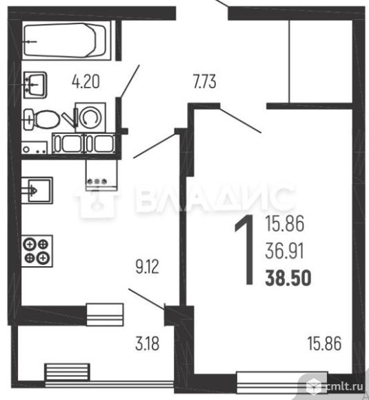 1-комнатная квартира 38,51 кв.м. Фото 4.