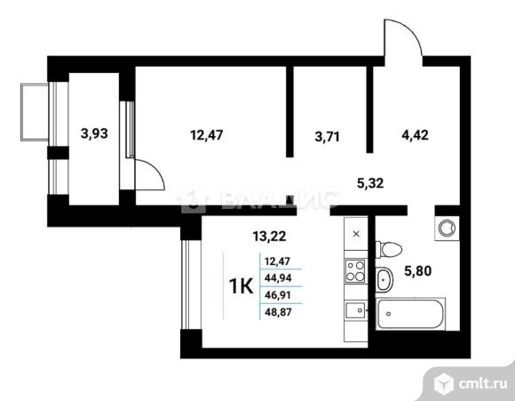 1-комнатная квартира 45,3 кв.м. Фото 16.