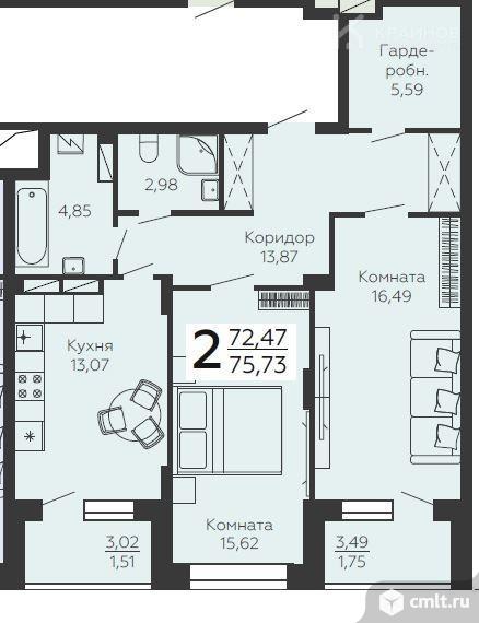 2-комнатная квартира 75,73 кв.м. Фото 1.