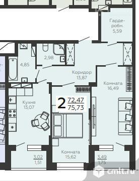 2-комнатная квартира 75,73 кв.м. Фото 1.