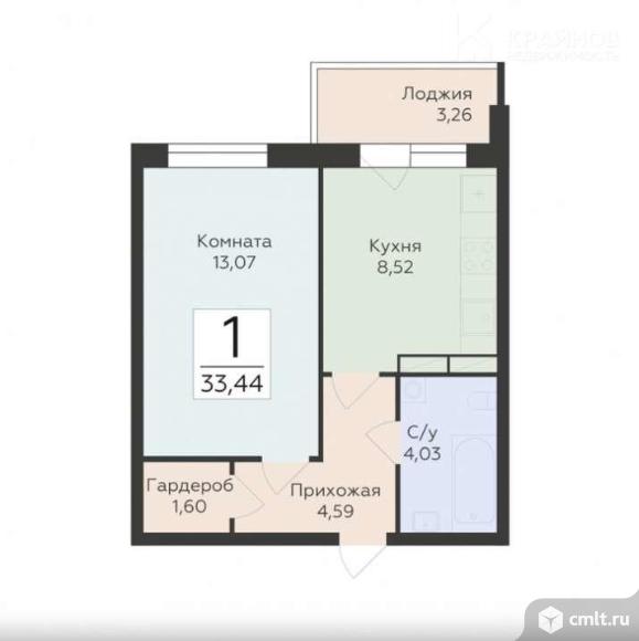1-комнатная квартира 33,44 кв.м. Фото 1.