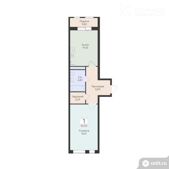1-комнатная квартира 50,83 кв.м. Фото 1.