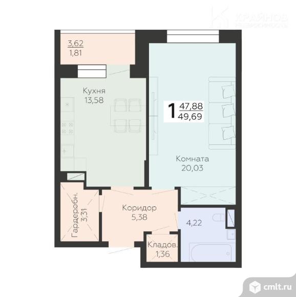 1-комнатная квартира 49,69 кв.м. Фото 1.