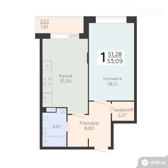 1-комнатная квартира 53,09 кв.м. Фото 1.