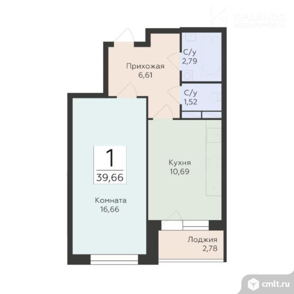 1-комнатная квартира 39,66 кв.м. Фото 1.