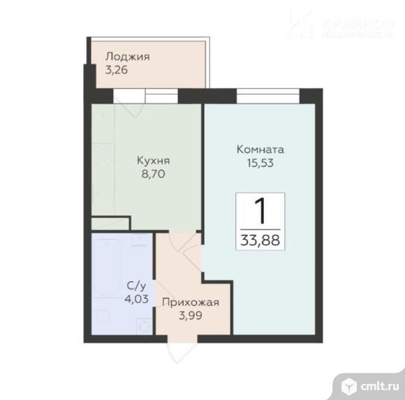 1-комнатная квартира 33,88 кв.м. Фото 1.