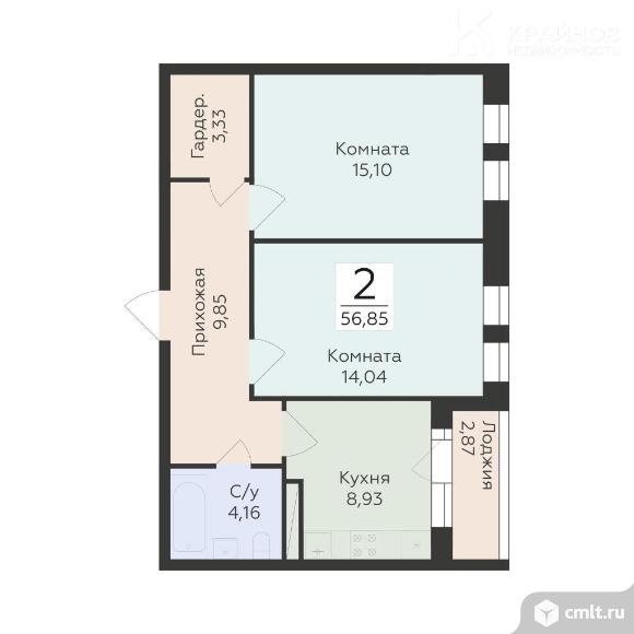 2-комнатная квартира 56,85 кв.м. Фото 1.