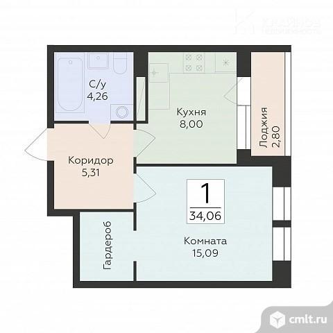 1-комнатная квартира 34,06 кв.м. Фото 1.