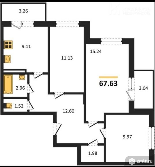 3-комнатная квартира 67,63 кв.м. Фото 1.
