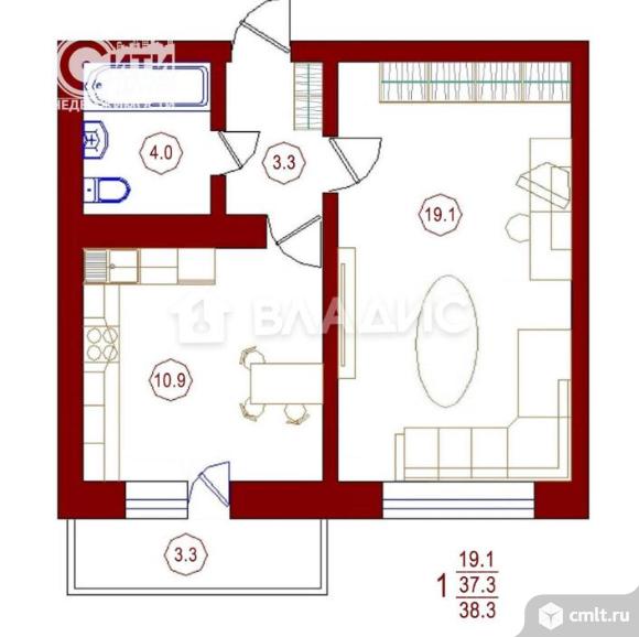 1-комнатная квартира 37,3 кв.м. Фото 7.