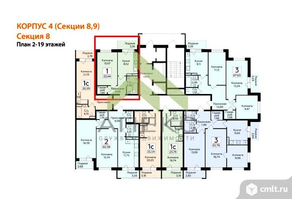 1-комнатная квартира 33,44 кв.м. Фото 5.