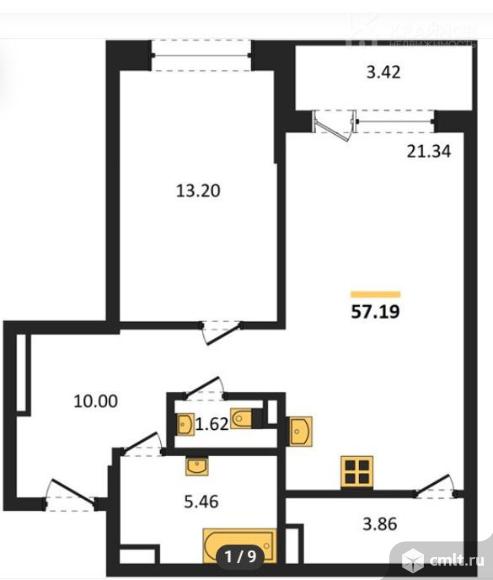 1-комнатная квартира 57,19 кв.м. Фото 1.
