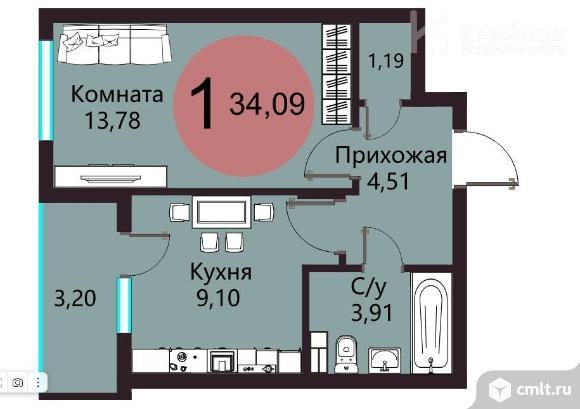 1-комнатная квартира 34,09 кв.м. Фото 1.