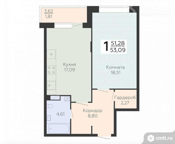 1-комнатная квартира 53,09 кв.м. Фото 1.