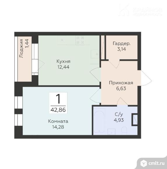 1-комнатная квартира 42,86 кв.м. Фото 1.