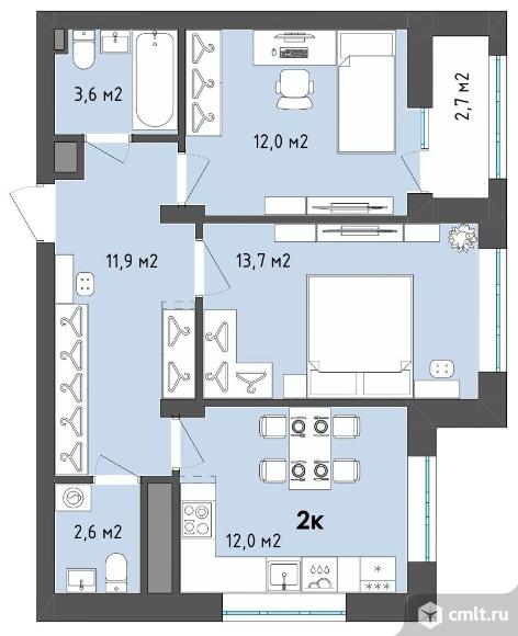 2-комнатная квартира 60,6 кв.м. Фото 4.