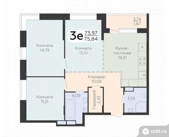 3-комнатная квартира 75,84 кв.м. Фото 1.