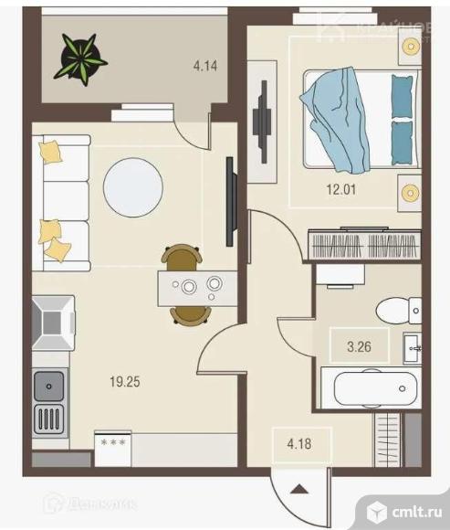 1-комнатная квартира 38,8 кв.м. Фото 1.