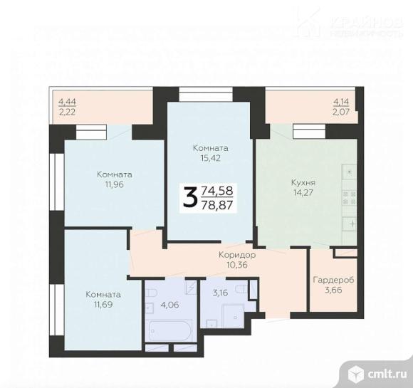 3-комнатная квартира 78,95 кв.м. Фото 1.