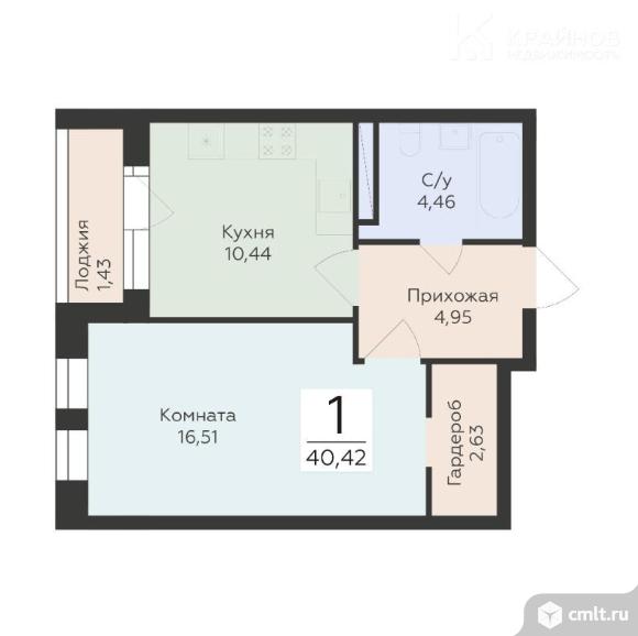 1-комнатная квартира 40,42 кв.м. Фото 1.