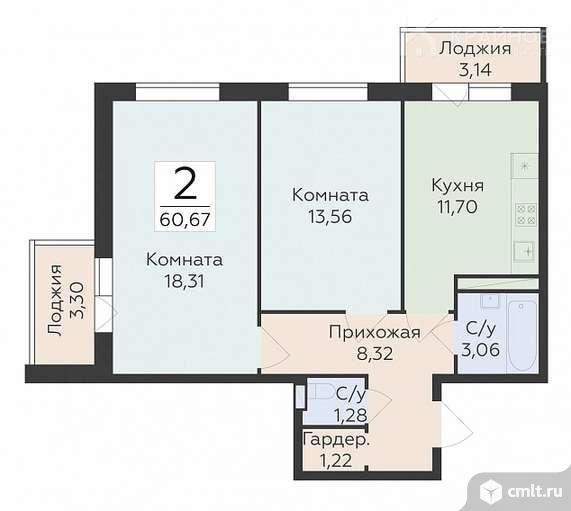 2-комнатная квартира 60,67 кв.м. Фото 1.
