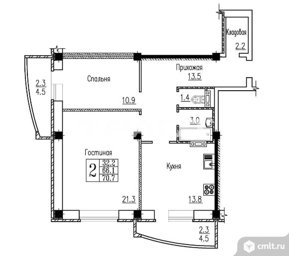 2-комнатная квартира 70,7 кв.м. Фото 19.