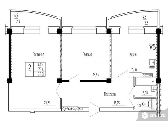2-комнатная квартира 78,1 кв.м. Фото 20.