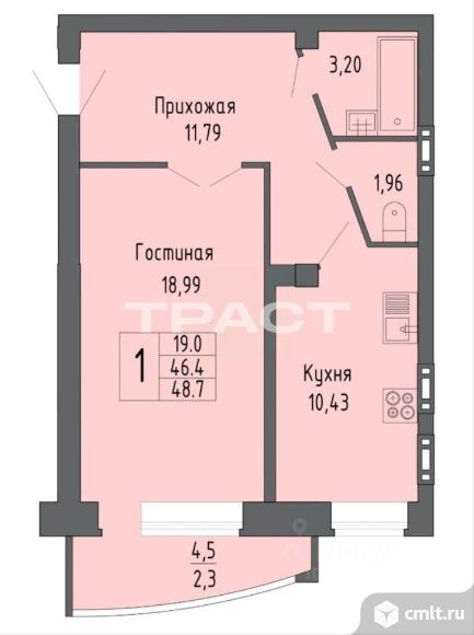 1-комнатная квартира 46,4 кв.м. Фото 5.