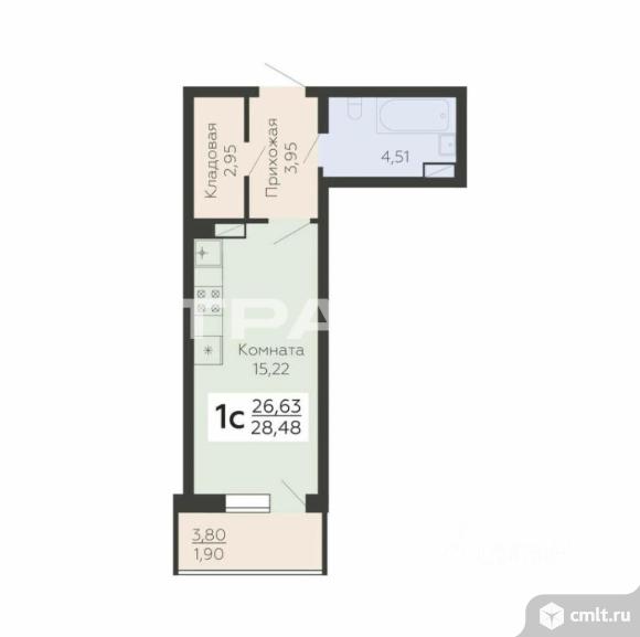 1-комнатная квартира 26,63 кв.м. Фото 12.