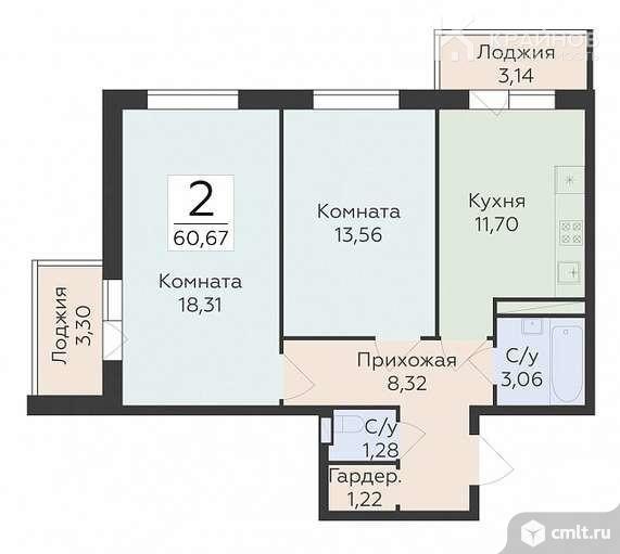 2-комнатная квартира 60,39 кв.м. Фото 1.