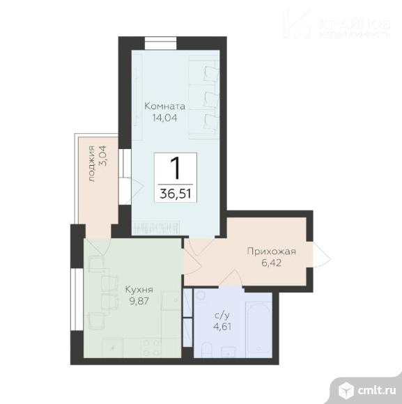 1-комнатная квартира 36,51 кв.м. Фото 1.