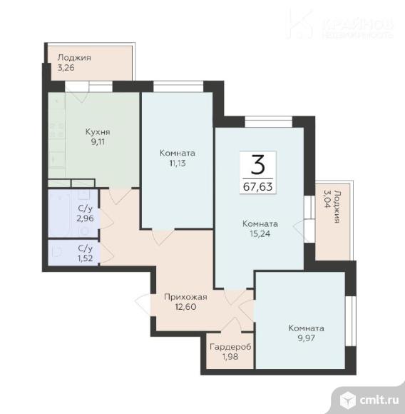3-комнатная квартира 67,63 кв.м. Фото 1.