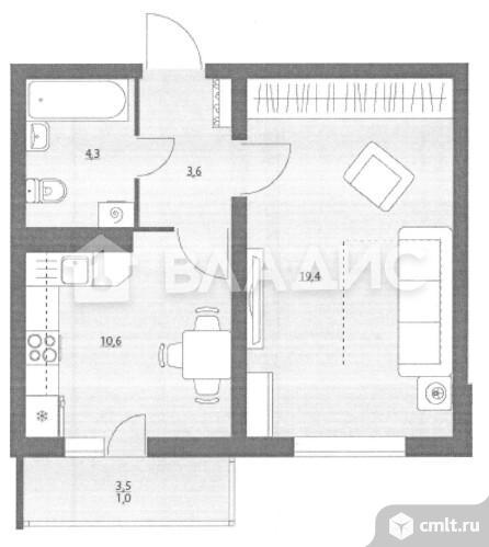 1-комнатная квартира 37,4 кв.м. Фото 8.