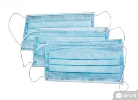 Маска защитная трехслойная на резинках  500 шт.. Фото 1.