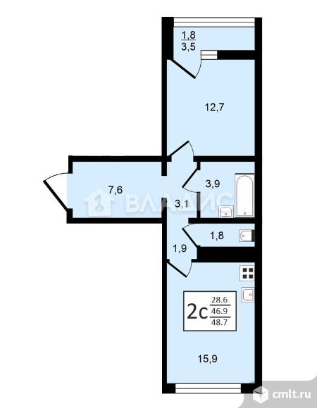 1-комнатная квартира 48,6 кв.м. Фото 16.