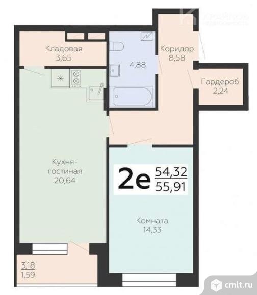 2-комнатная квартира 55,9 кв.м. Фото 1.