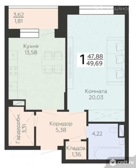 1-комнатная квартира 49,69 кв.м. Фото 1.