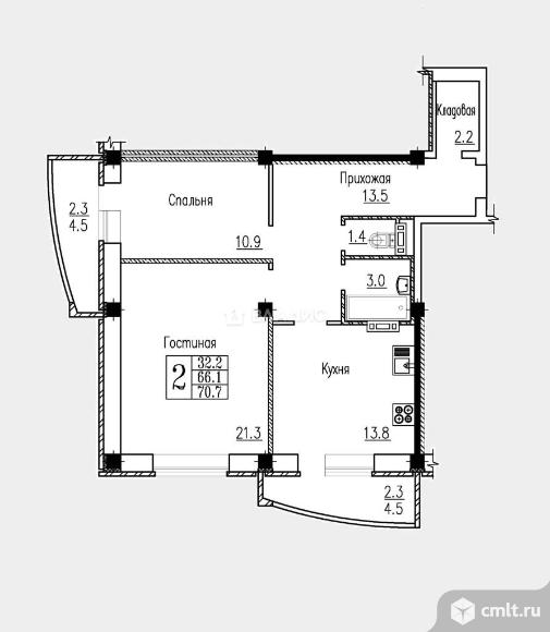 2-комнатная квартира 70,7 кв.м. Фото 15.