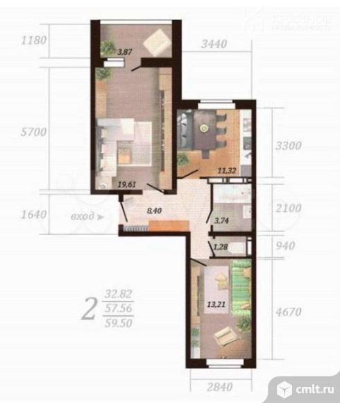 2-комнатная квартира 57,6 кв.м. Фото 1.