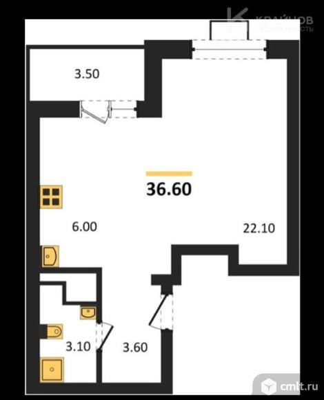 1-комнатная квартира 36,6 кв.м. Фото 1.