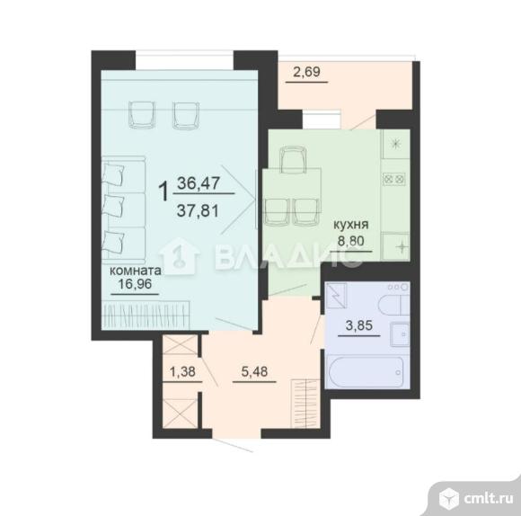 1-комнатная квартира 37,81 кв.м. Фото 8.