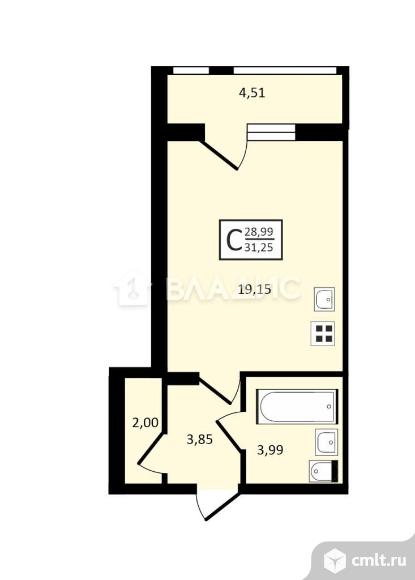 1-комнатная квартира 31,25 кв.м. Фото 5.