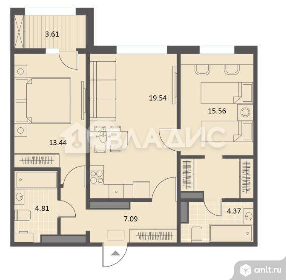 2-комнатная квартира 66,62 кв.м. Фото 12.