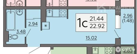 1-комнатная квартира 21,6 кв.м. Фото 1.