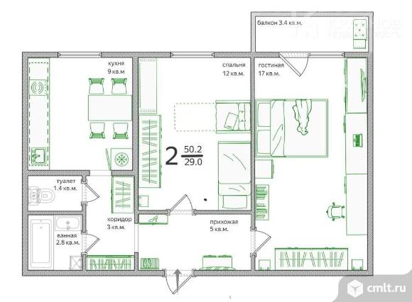 2-комнатная квартира 50,2 кв.м. Фото 1.